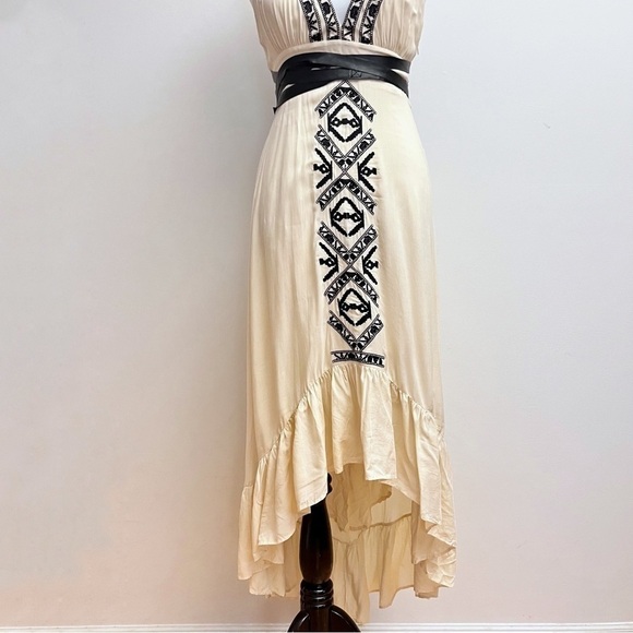 Twelfth Street Edgy Boho Leather Strappy Embroidered cream Cascading Maxi Dress - Picture 5 of 14
